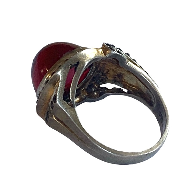 Antique Vermeil Red Cabochon Glass Sterling Silver & Gold Woman’s Ring Jewelry - Picture 7 of 9